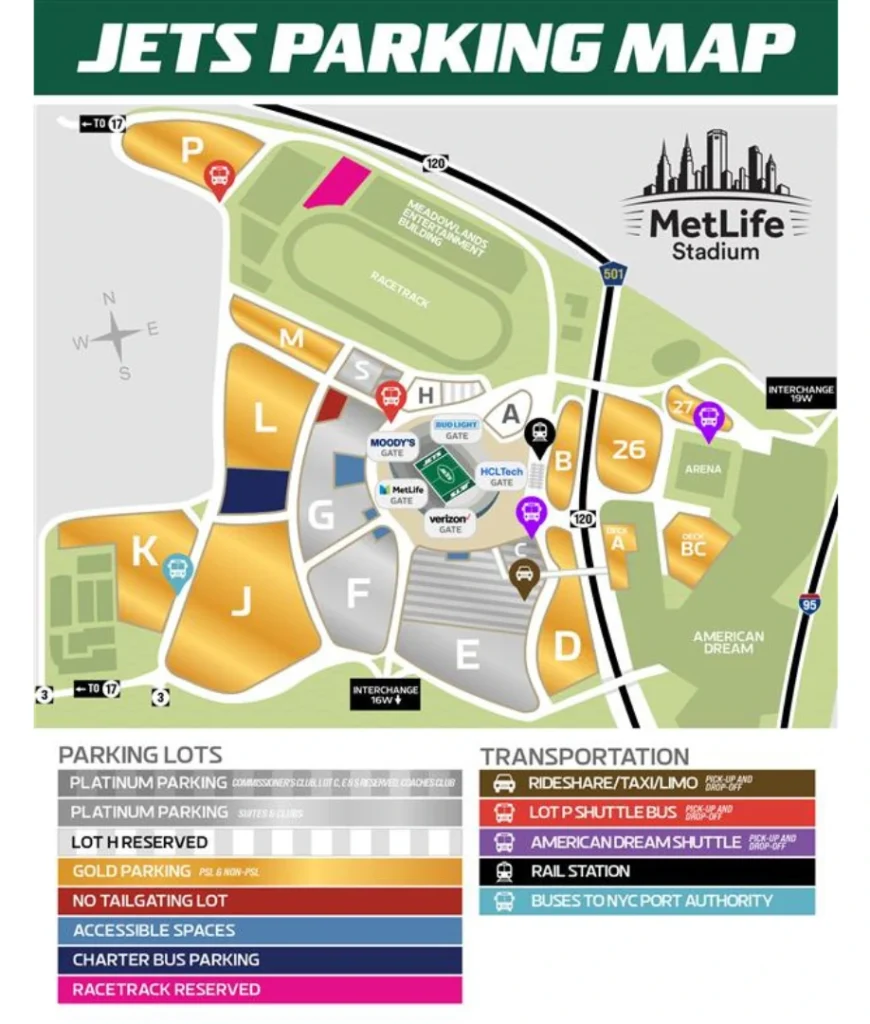 Jets Parking Map of MetLife Stadium private car drop off zones and FIFA World Cup transportation access points