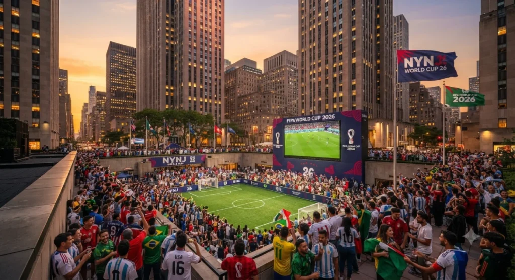 Aerial view of a vibrant FIFA World Cup 2026 fan zone at Rockefeller Center in New York City, featuring a large screen showing a live soccer match and a crowd of excited fans in an urban setting at sunset